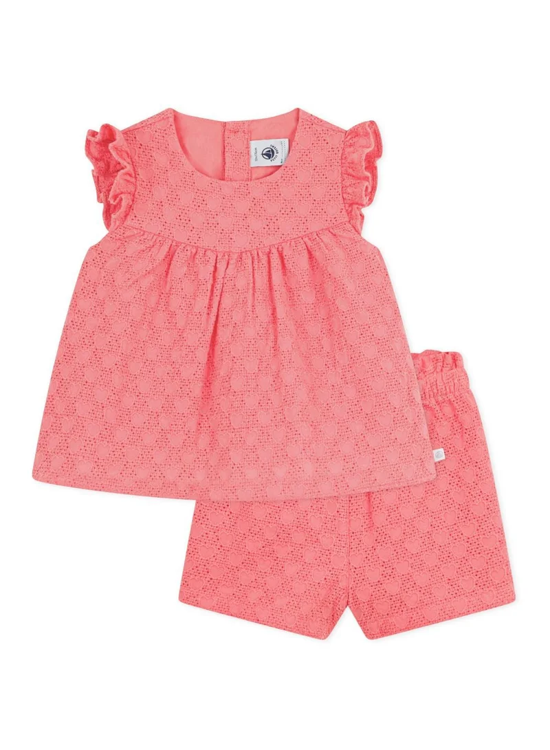 Petit Bateau Babies' 2-piece outfit in broderie anglaise, hearts design